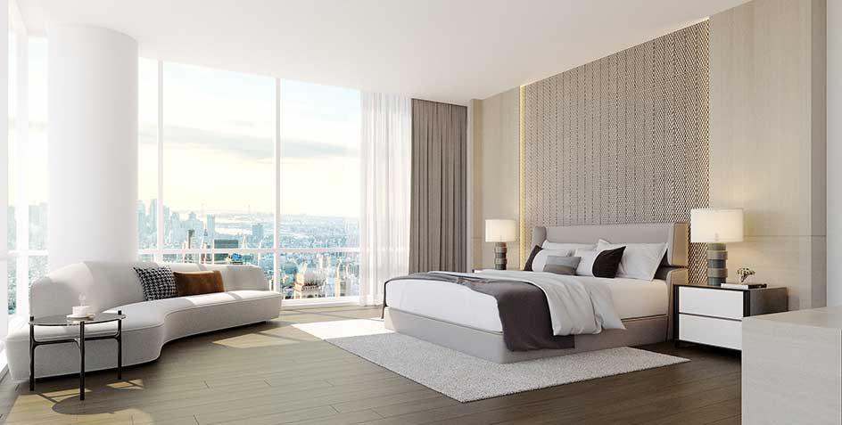 Luxurious modern bedroom with large windows showing a cityscape, stylish furniture and elegant decor.